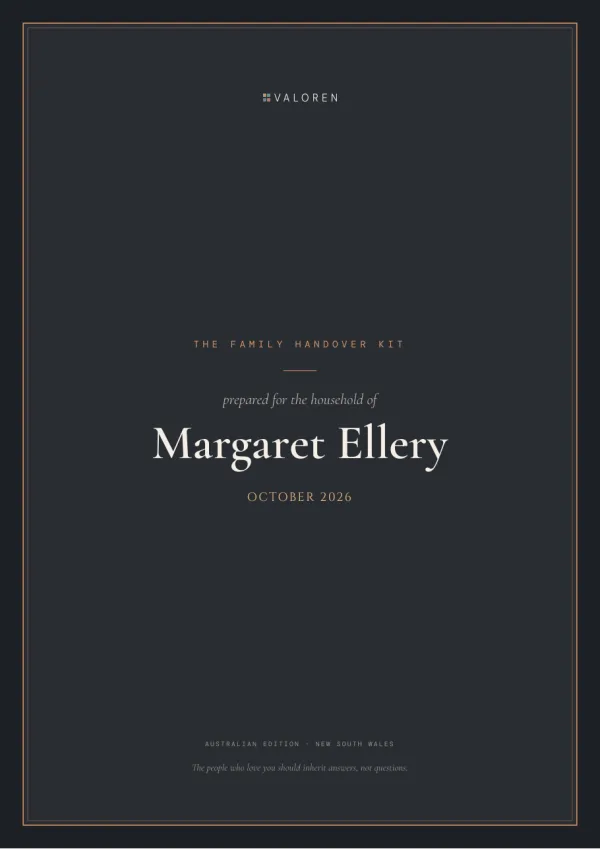 The Family Handover Kit, New South Wales specimen: the cover, with a fictional household's name