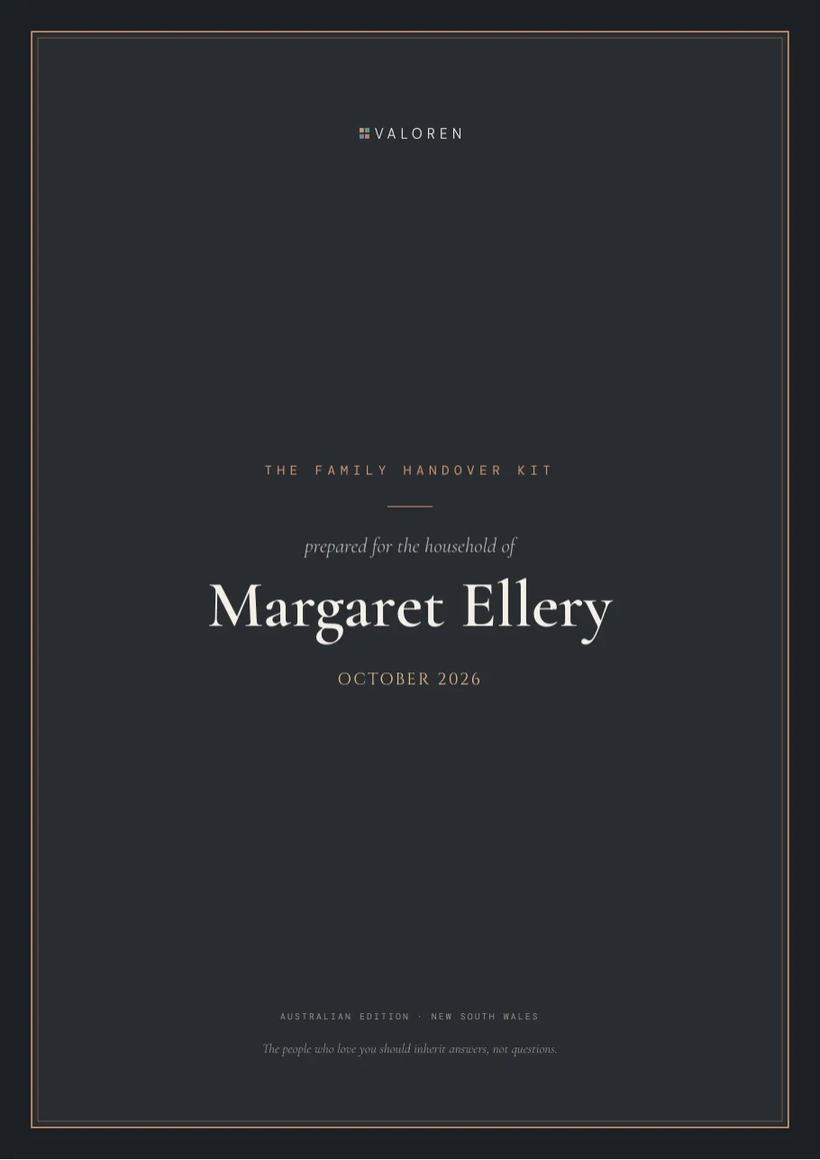 The Family Handover Kit, New South Wales specimen: the cover, with a fictional household's name