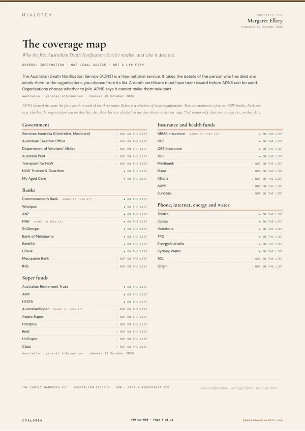 The Family Handover Kit, New South Wales specimen: the coverage map